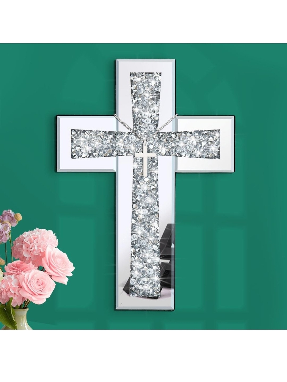 Crystal Accent Wall Cross - Silver Mirrored Decor